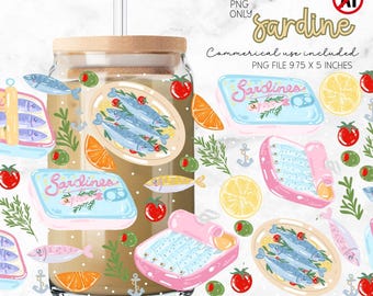 Sardine Cup Wrap PNG, Summer Coastal Can Fish Design Summer Iced Coffee Wrap (Digital Download)