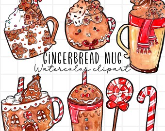 Clipart de acuarela - café de jengibre navideño, cafetería, chocolate caliente, taza, menta, galleta de jengibre, uso comercial png