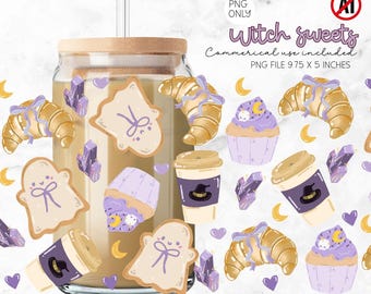 Cute Witch Glass Wrap, Halloween Witchy Ice Coffee Cup Wrap PNG Digital Download