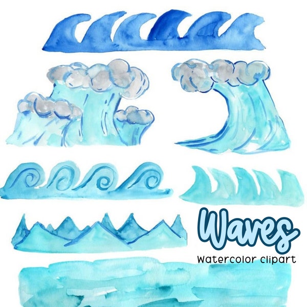Watercolor ocean wave clipart, tropical summer beach ocean graphics in png format commercial use