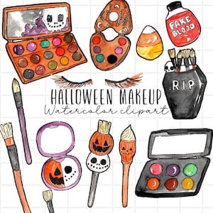 Clipart de maquillaje de Halloween en acuarela, ilustración de belleza gótica en formato PNG, uso comercial