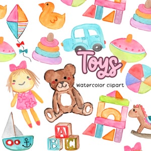 Aquarell Spielzeug Clipart, Kinder Spielzeug Grafiken im PNG-Format, Blöcke, Teddybär, Puppe Illustrationen kommerzielle Nutzung