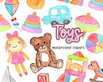 Watercolor toy clipart, children toy graphics in png format, blocks, teddy bear, doll illustrations commercial use