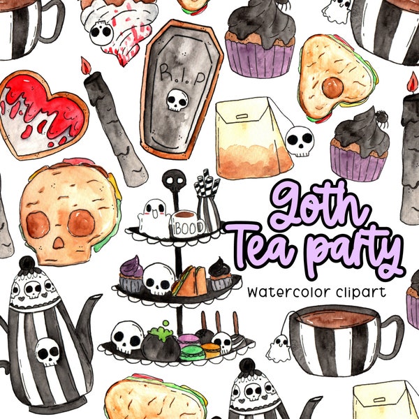 Watercolor clipart - Halloween, Goth, tea party, tea cup, tea pot, skull, spooky graphics, cupcake, desserts, creepy commercial use graphics