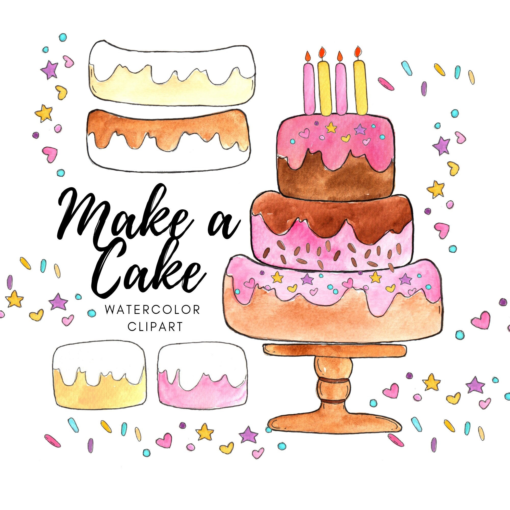 Watercolor Clip Art Cute Cake Baking Make Your Own Cake Etsy