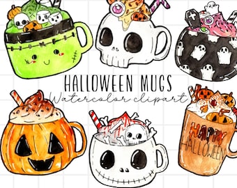 Watercolor clipart, halloween, spooky, coffee, hot chocolate, mugs, cups, creepy mugs, spooky cups, cafe, creepy coffee, commercial use