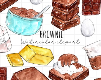 Watercolor brownie dessert clipart, 11 baking graphics in png format, digital download commercial use