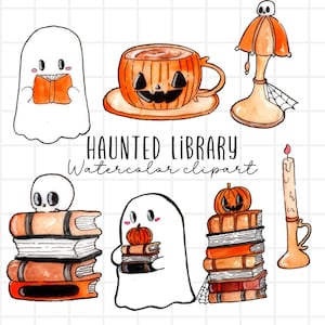 Aquarel halloween-clipart, spookbibliotheek, spookachtig lezen, boeken, spook, schattige Halloween-afbeeldingen commercieel gebruik