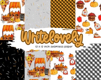 May include: A collection of 12 x 12 inch seamless paper designs with fall themes. The designs include watercolor illustrations of pumpkins, fall market scenes, and plaid patterns. The text "Writelovely" and "12 x 12 inch seamless paper" are also visible.