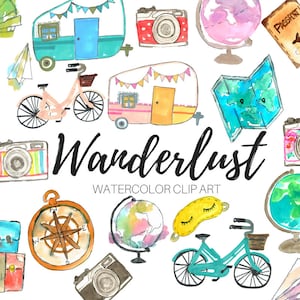 Watercolor traveling clipart, globe, map, suitcase illustrations png graphics for commercial use