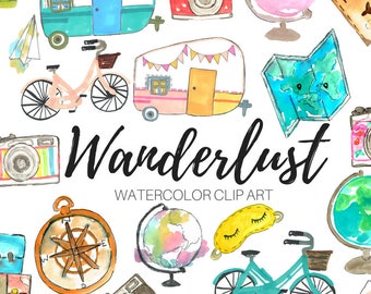 Watercolor traveling clipart, globe, map, suitcase illustrations png graphics for commercial use