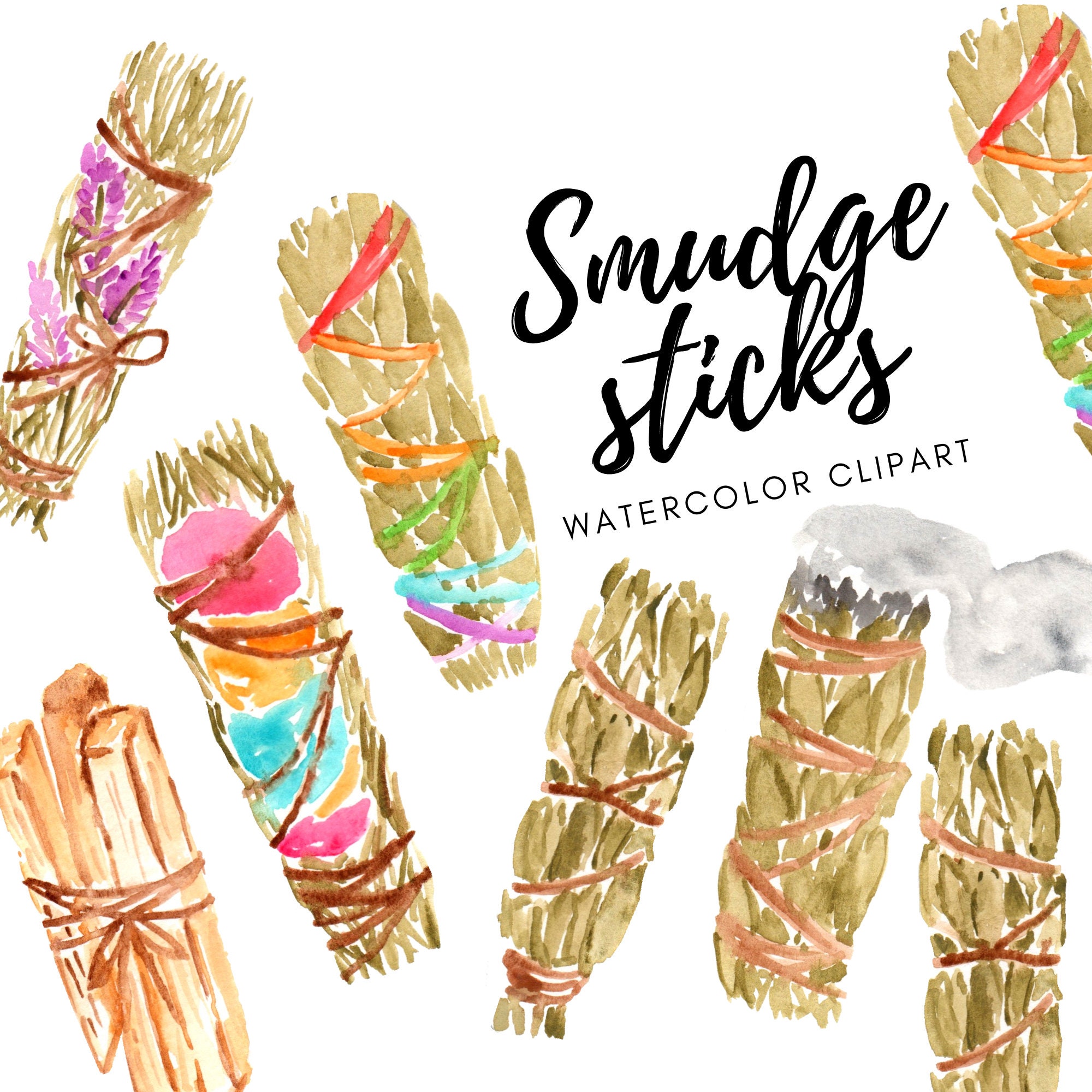 Watercolor Clipart Smudge Stick Witch Nature Graphics Etsy