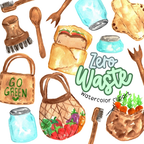 Watercolor clipart- zero waste, eco friendly, go green, recycle, resuable bag, earth day, green living, commercial use graphics PNG