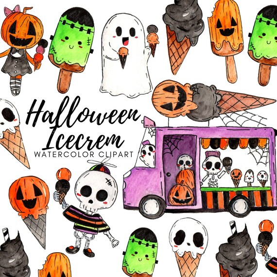 Halloween Clipart Watercolor Spooky Ice Cream Ghost Etsy