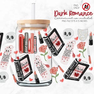 Tazza in vetro con copertina per libri Dark Romance, copertina per lattine Bookish Gothic Romance, copertina per caffè freddo di San Valentino da 16 once, amante dei libri, PNG con sublimazione Dark Love