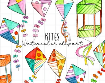 Watercolor kit clipart, summer, kite flying, summer games, kids, summer activities graphics commercial use