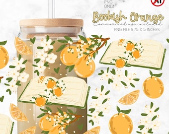 Bookish Summer Orange Cup Wrap, Citrus Fruit Ice Coffee Wrap PNG (Digital Download 16oz Cup File)