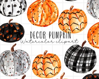 Watercolor clipart - Decorative pumpkin, halloween decor, harvest, autumn, stripe pumpkin, spotted pumpkin, fall decor commercial use