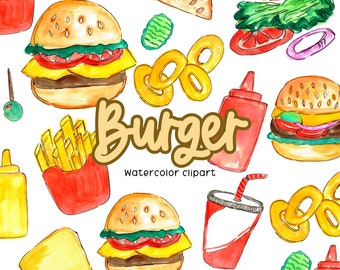 Burger clip art - Watercolor clip art - Hand drawn - Food Clip Art Fast Food   Commercial Use