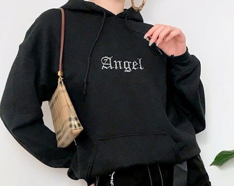 gothic font diamanté angel black oversized hoodie sweatshirt jumper with iconic y2k angel text logo across chest in sparkly diamonds/gems
