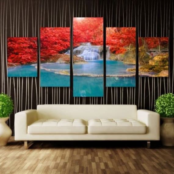 LARGE SPLIT FRAMED CANVAS PRINTS !! Forrest Waterfall Modern Art Painting
