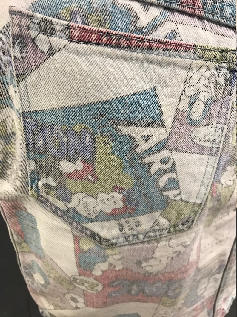 Vintage 1980s Jordache Denim Mini Skirt Comic Book Print Archie Theme Sz 11 Punk New Wave Groovy Mod Goth Rocker