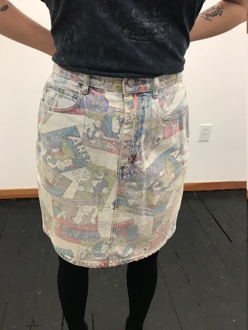 Vintage 1980s Jordache Denim Mini Skirt Comic Book Print Archie Theme Sz 11 Punk New Wave Groovy Mod Goth Rocker