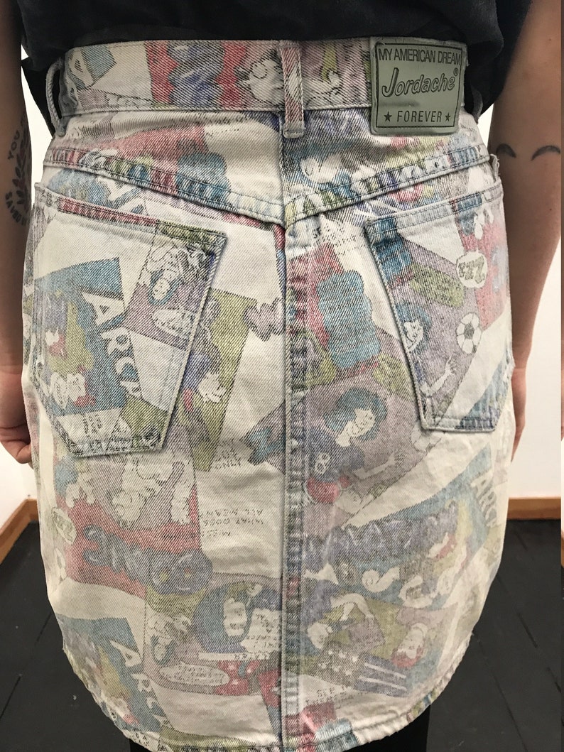 Vintage 1980s Jordache Denim Mini Skirt Comic Book Print Archie Theme Sz 11 Punk New Wave Groovy Mod Goth Rocker