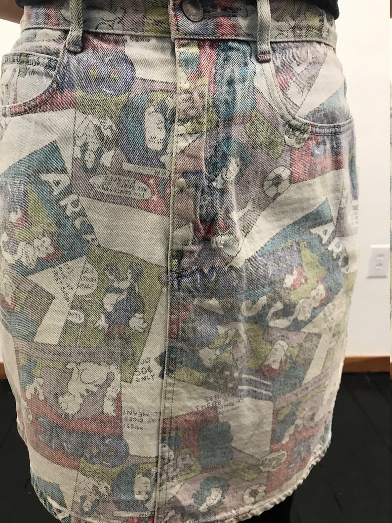 Vintage 1980s Jordache Denim Mini Skirt Comic Book Print Archie Theme Sz 11 Punk New Wave Groovy Mod Goth Rocker
