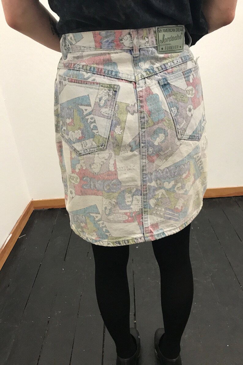 Vintage 1980s Jordache Denim Mini Skirt Comic Book Print Archie Theme Sz 11 Punk New Wave Groovy Mod Goth Rocker
