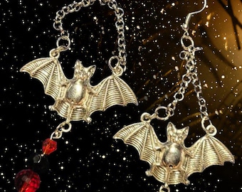 Halloween Silver Vampire Bat Earrings • Gothic • Blood Red Midnight Black Beads