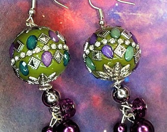 Large Green Beaded Earrings with Purple Drops & Silver Accents