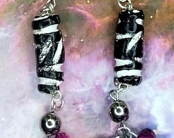 Stylish Black White African Long Earrings with Silver Purple Drops – Boho Chic