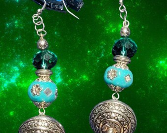 Dangling Space Blue Green Earrings • Turquoise SciFi