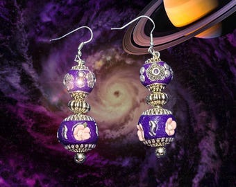 Purple Rose Beaded Dangles - Fun Saturn Bobble Earrings for Cosmic Lovers