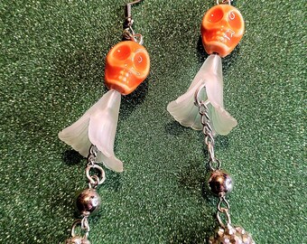 Orange Skull Ghost Earrings with Silver Accents | Halloween Jewelry