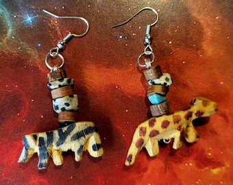 Dangling African Animal Earrings with Brown Spotted Stone Accents