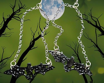 Halloween Black Vampire Bat - Silver Chain Dangle Earrings • Goth Fashion