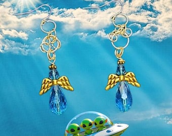 Celestial Gold Winged Angel Earrings - Clear Blue Sparkle