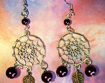 Silver Webbed Dreamweaver Dangle Earrings with Purple Beads & Bronze Leaf Charm