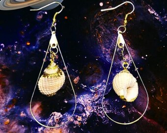 Elegant Gold Hoops Moon Of Europa Shell - Beachy Dangle Earrings