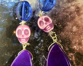 Soft Color Purple Skull Earrings with Top Blue Beads & Deep Purple Halloween Dangles