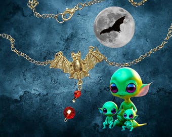 Halloween Vampire Bat Necklace - Silver Beads Black & Red