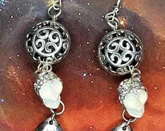 Halloween Silver Skull Earrings with Dangles & Sparkling Spheres - Unique Bejeweled Design