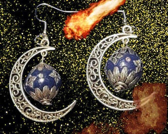 Dark Blue Speckled Pluto Earrings Silver Half Moon Accents