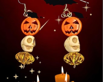 Galactic Halloween Jack-O'-Lantern Skull Earrings • Pumpkin Skull Earrings • Space Themed