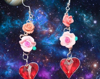 Romantic Heart Earrings with Pink Flowers & Red Crystal - Perfect Valentine’s Day Gift