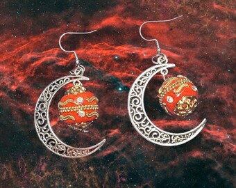 Unique Handmade Red Mars Earrings Featuring Silver Half Moon Details