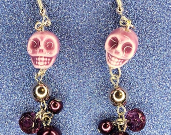 Purple Skull Earrings with Silver & Purple Beads - Halloween Jewelry