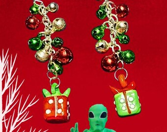 Holiday Christmas Jingle Bell Dangling Presents Earrings • Red Green Die Season